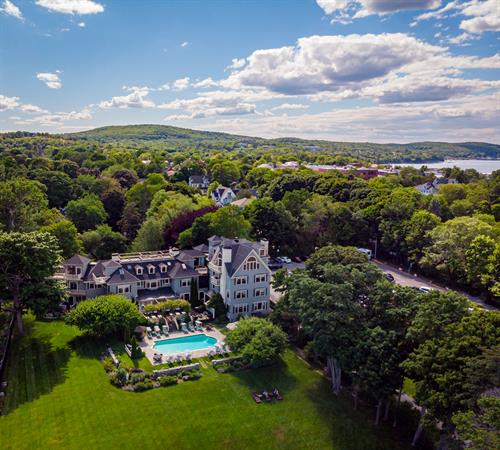 Aerial view of Balance Rock Inn beside Frenchman Bay
