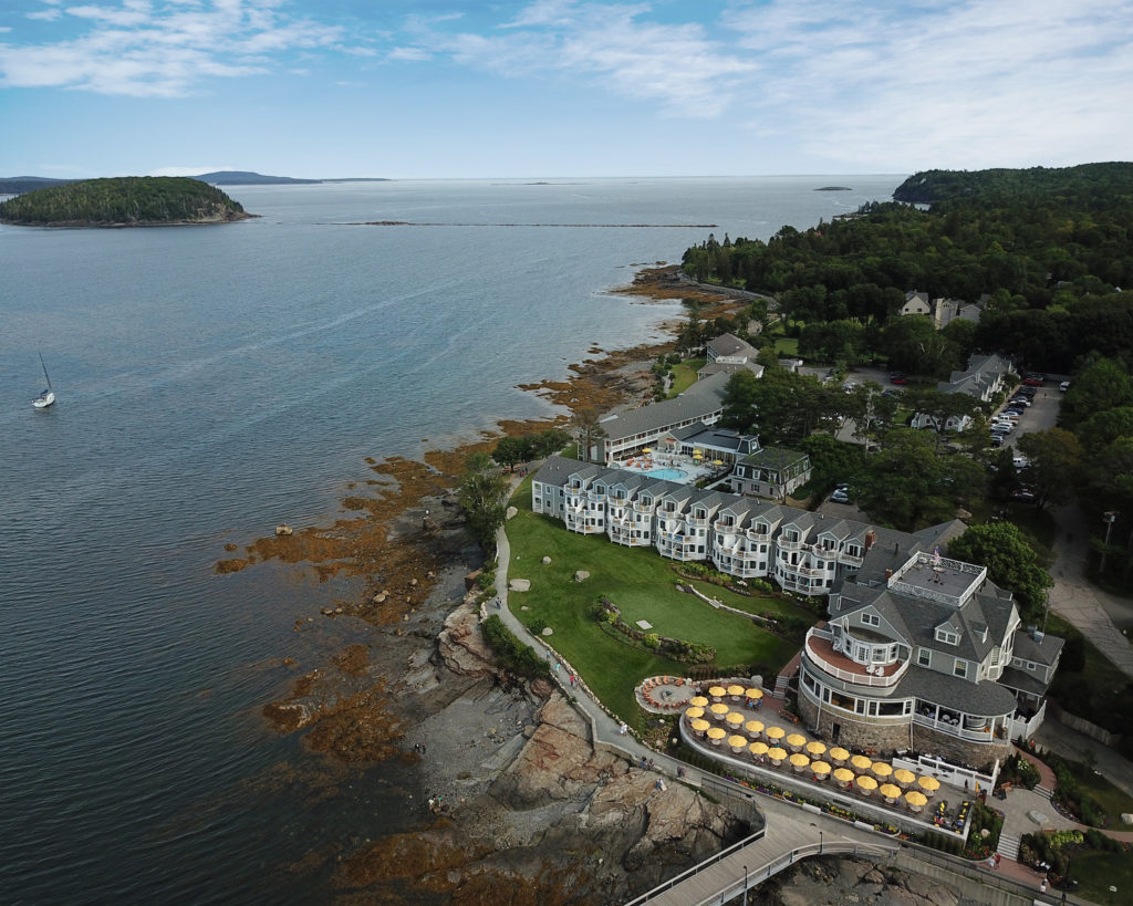 Aerial view of Bar Harbor Inn on the edge of Frenchman Bay